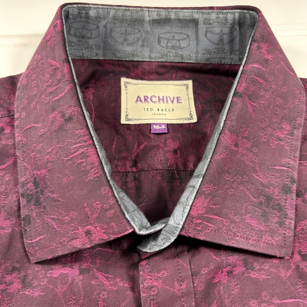 Ted Baker Archive Floral Jacquard Shirt Mens 16.5 XL Burgundy Purple Flip Cuff